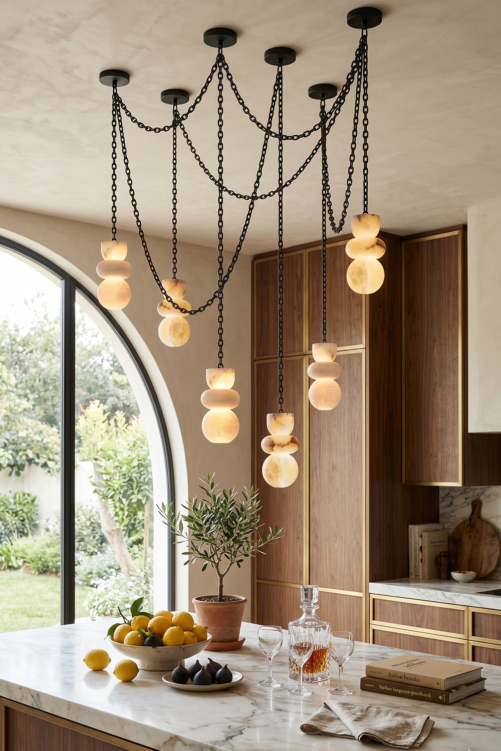 Celestial Alabaster Chandelier | Alabaster, Metal | Cluster lighting over a marble kitchen island | vexa lamps