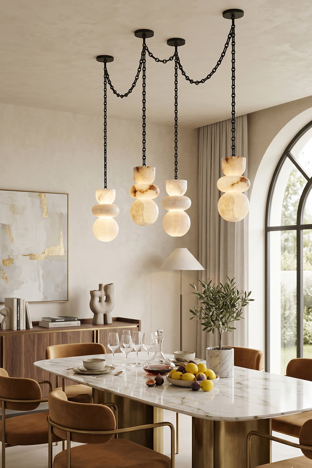 Celestial Alabaster Chandelier | Alabaster, Metal | Swag mount installation in a sophisticated dining room | vexa lamps