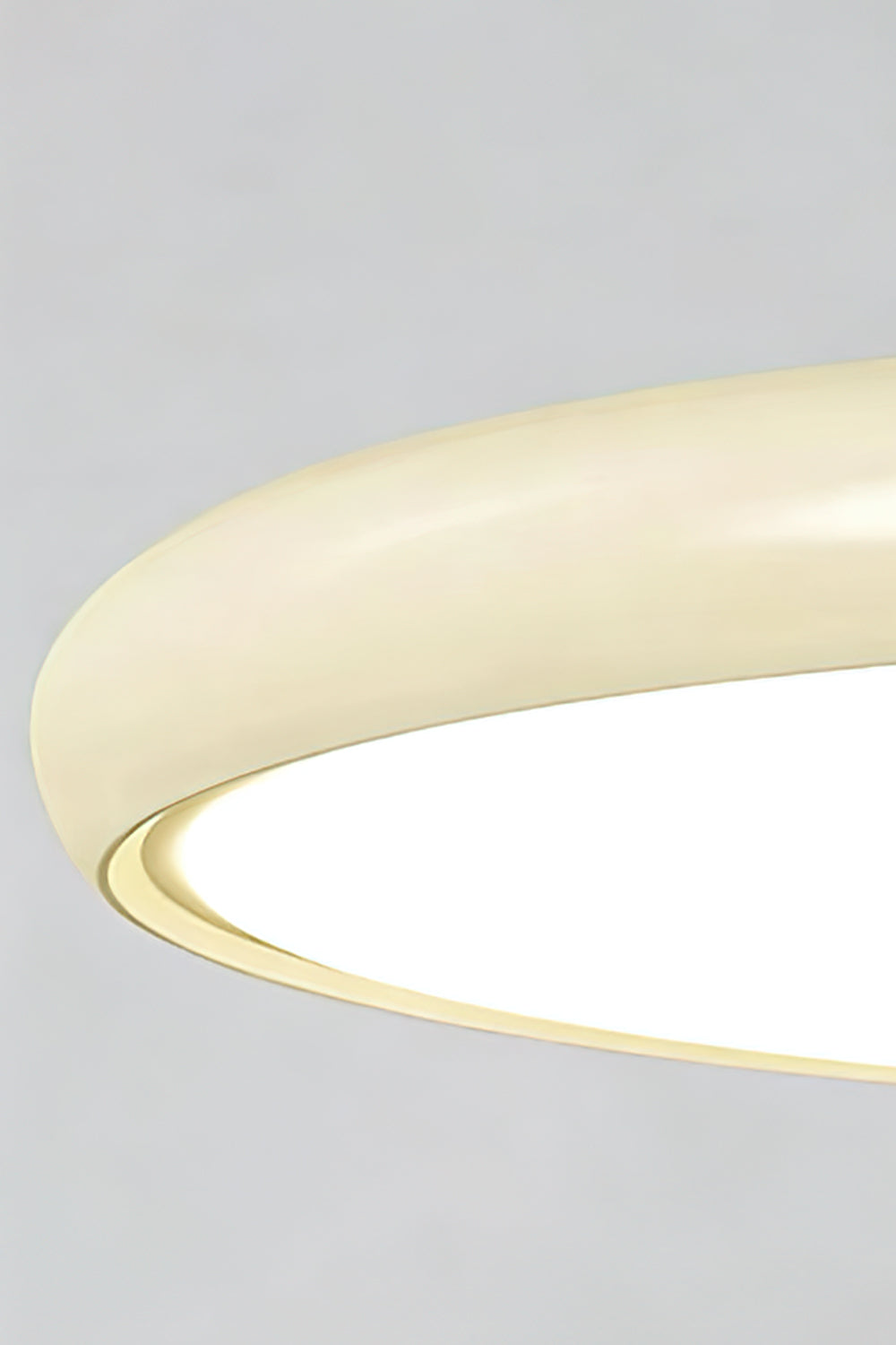 Celestial Disc Lacquered Ceiling Light | Acrylic, Metal | Close-up focus on the beige lacquered trim and the connecting dark wood canopy details | Detail shot | vexa lampsCelestial Disc