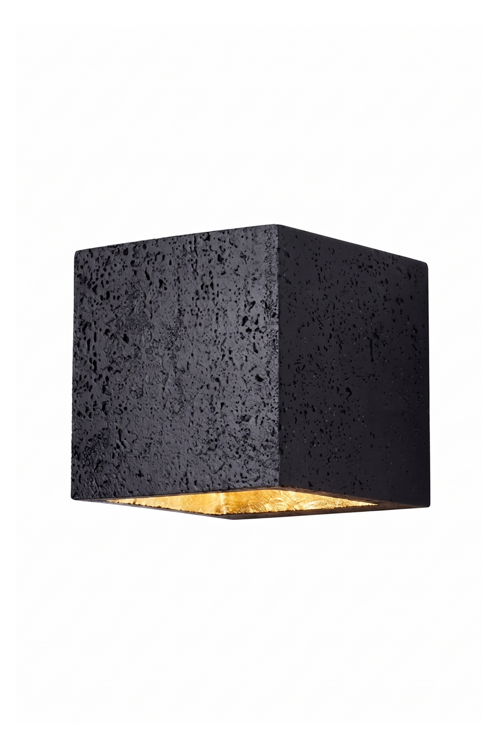 Celestial Tectonic Black Travertine Wall Lamp | Black Travertine | Cubic form, porous stone texture, gold leaf interior | Isolated on white | vexa lamps
