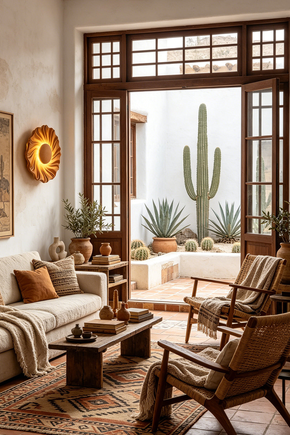 Centripetal Solstice Metal Wall Lamp | Metal, Resin | Orange textured lamp adding a warm light to a modern living room featuring large windows, a rustic wood table, and a desert-themed patio with cacti | vexa lamps