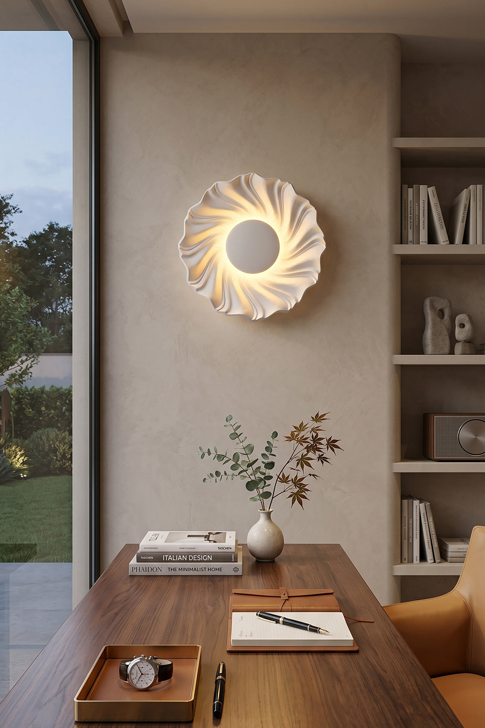 Centripetal Solstice Metal Wall Lamp | Metal, Resin | White textured lamp mounted above a modern dark wood table and chairs in a contemporary open-plan dining and study space | vexa lamps