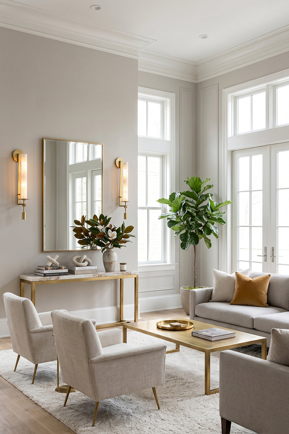 Chantal Twin Alabaster Wall Sconce | Alabaster, Brass | Installed in a bright spacious luxury living room near a modern console table, a matching mirror, and neutral tone armchairs | vexa lamps