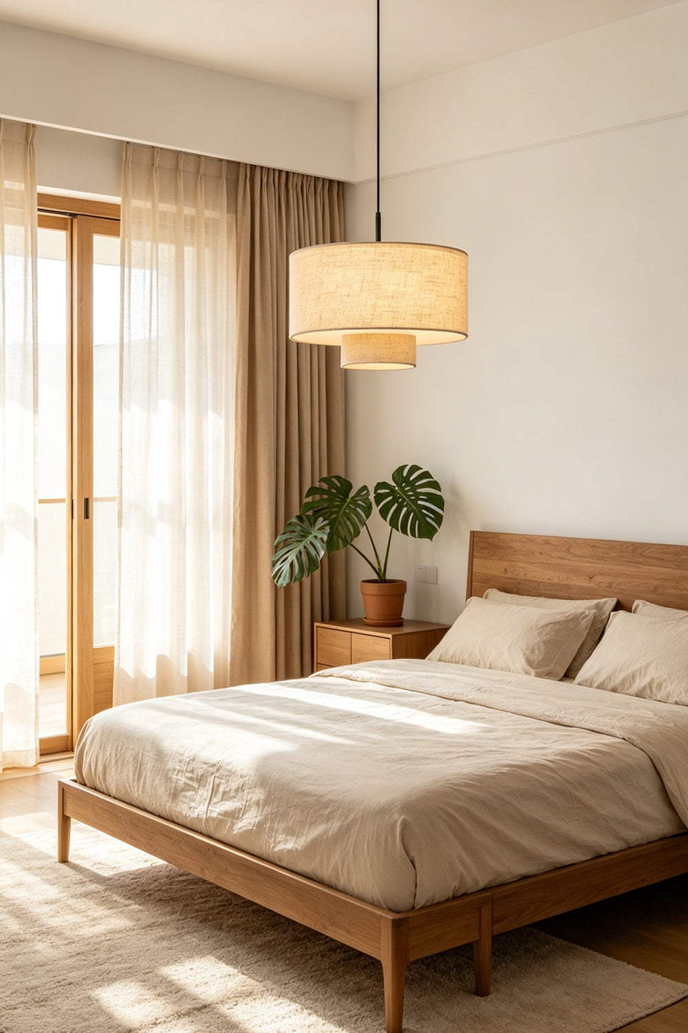 Concentric Veil Fabric Pendant Light | Fabric | Illuminated above a wooden bed in a bright, sunlit bedroom | vexa lamps