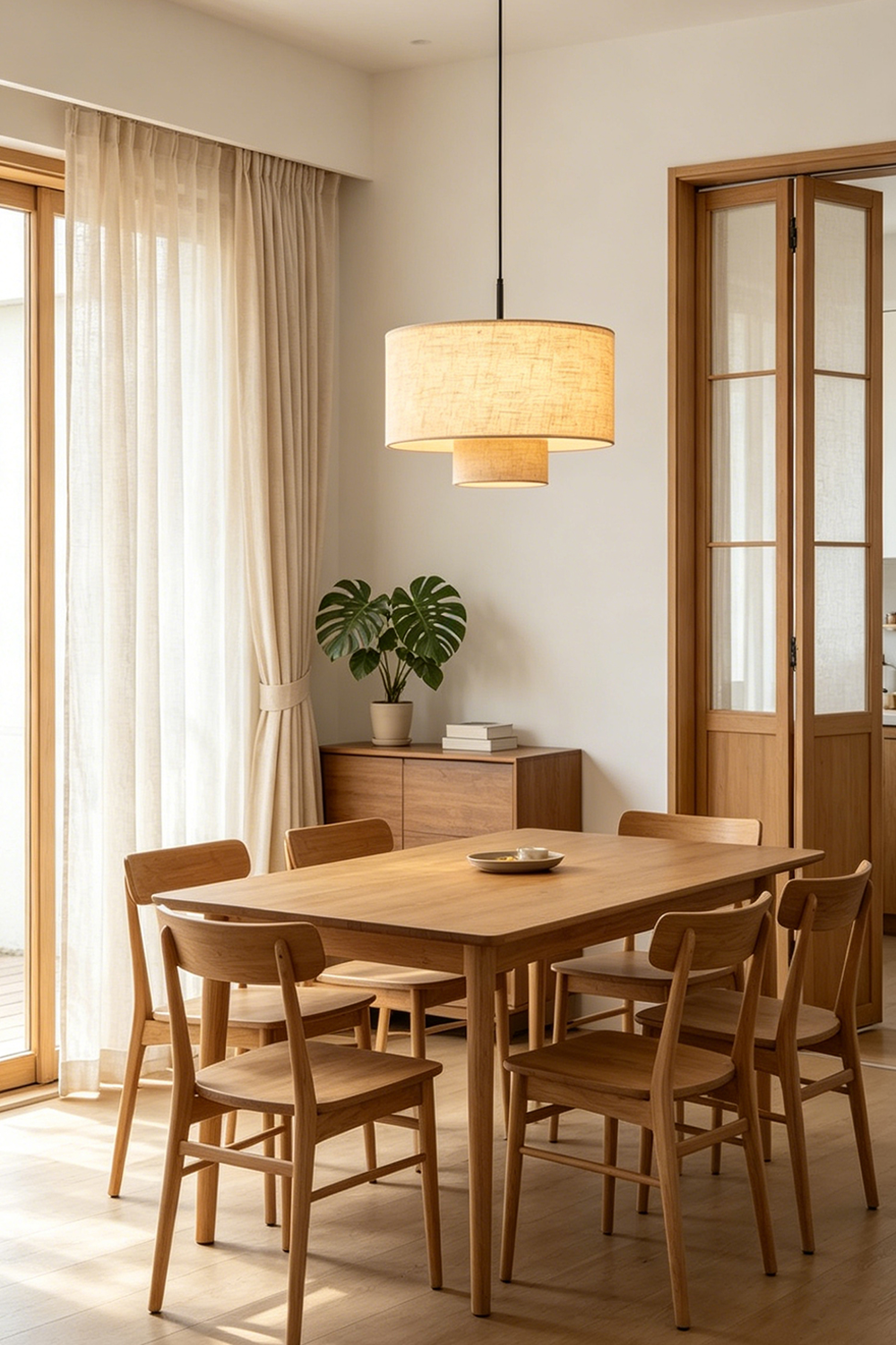 Concentric Veil Fabric Pendant Light | Fabric | Centered over a wooden dining table and chairs in a minimalist room | vexa lamps
