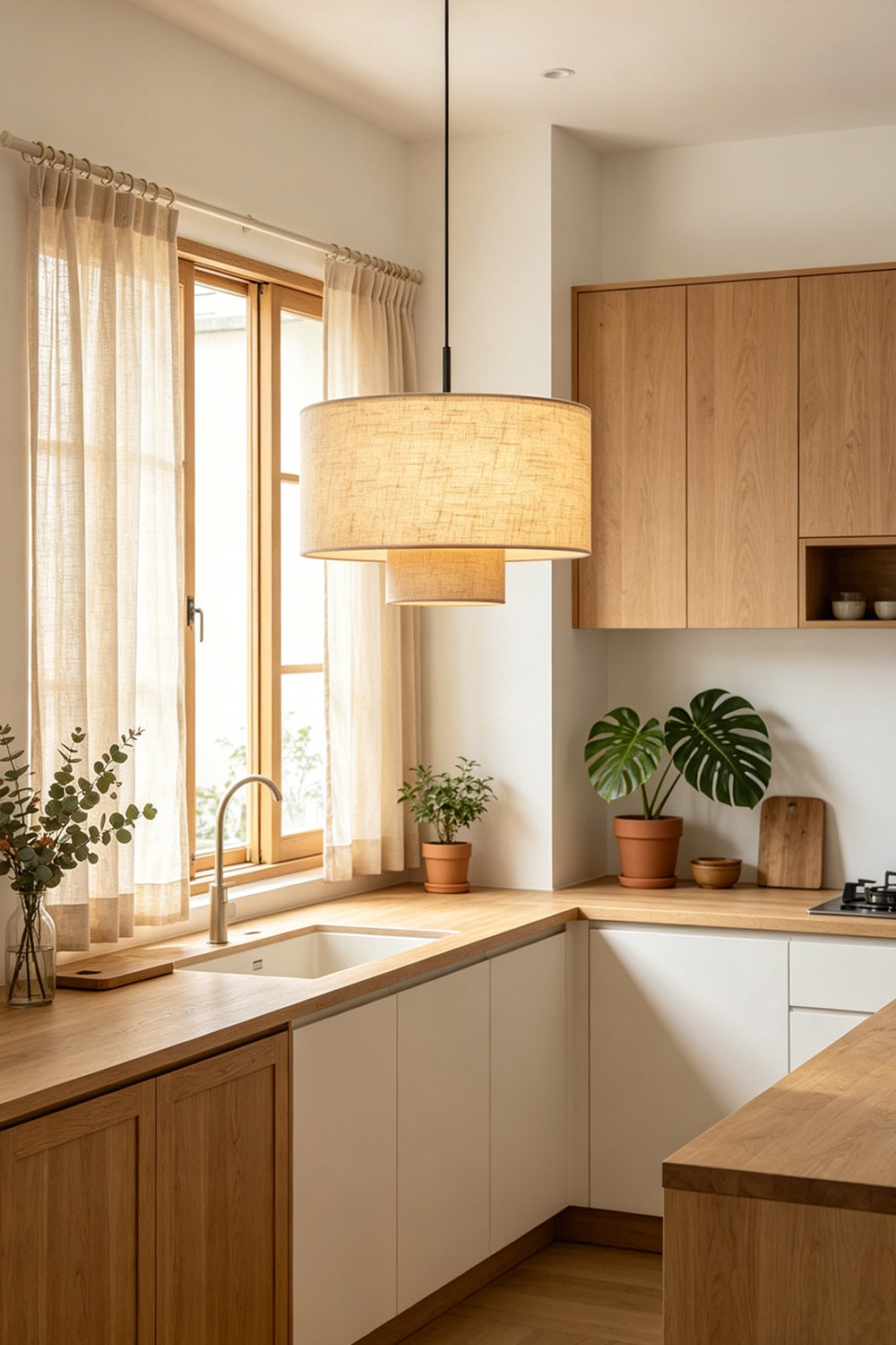 Concentric Veil Fabric Pendant Light | Fabric | Lit above a modern wooden kitchen counter and window | vexa lamps