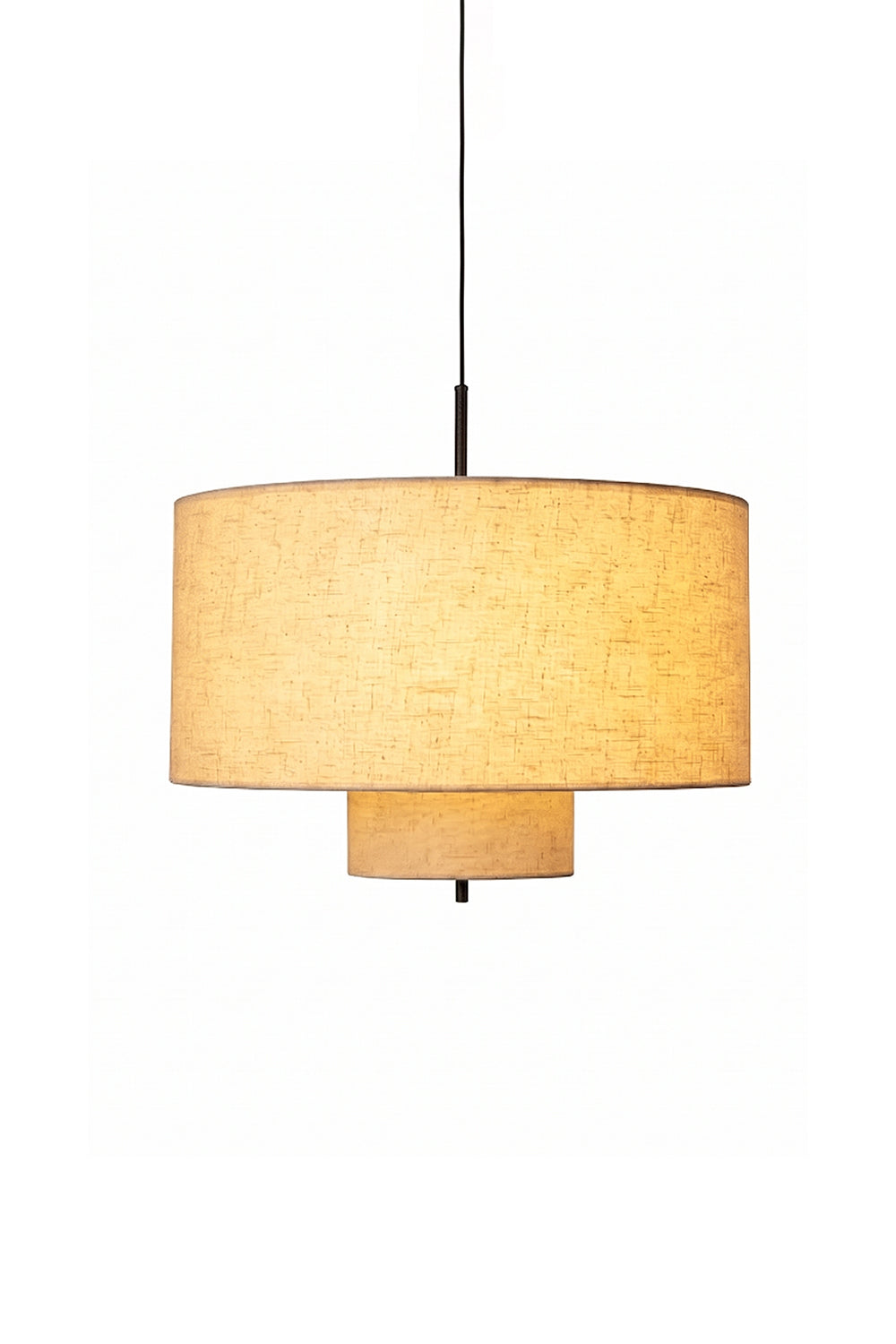 Concentric Veil Fabric Pendant Light | Fabric, Metal | Two-tier cylindrical design | Lit product shot isolated on white | vexa lamps
