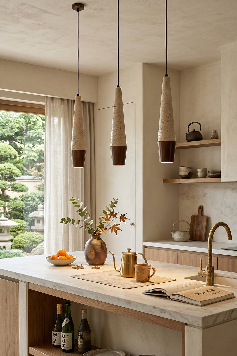 Conical Tiber Travertine Pendant Lights | Travertine, Wood | Trio installation over kitchen island | vexa lamps