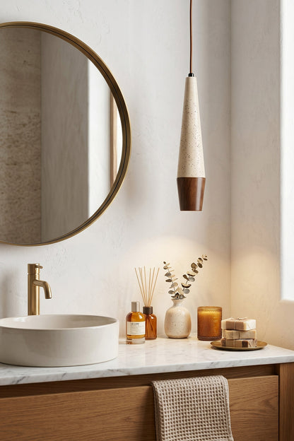 Conical Tiber Travertine Pendant Light | Travertine, Wood | Bathroom vanity lighting next to mirror | vexa lamps