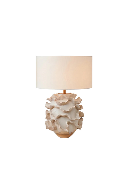 Coralia Ruffled Ceramic Table Lamp with wave-like ruffles and neutral drum shade, a stylish accent for modern decor.