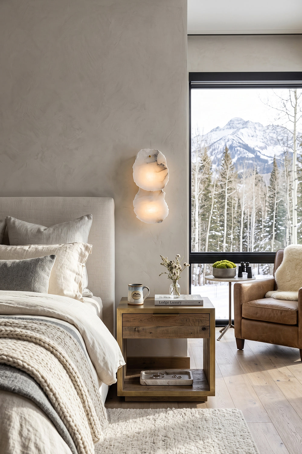 Corin Alabaster Wall Sconce illuminating a cozy bedroom with mountain view.