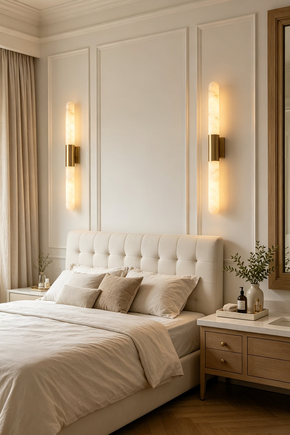 Corin Linear Alabaster Wall Sconce illuminating a modern bedroom with a plush bed and stylish decor.