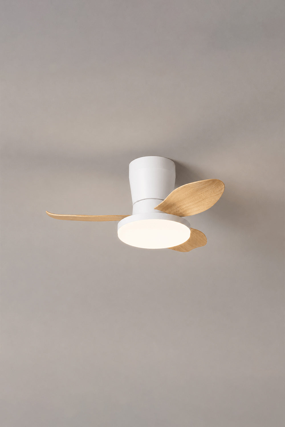Corin Low-Profile Ceiling Fan Light featuring three wooden blades and integrated LED for modern decor.