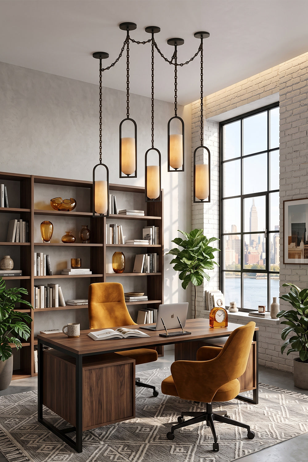 Cressida Alabaster Melange Chain Chandelier illuminating a modern office with warm tones and stylish décor.