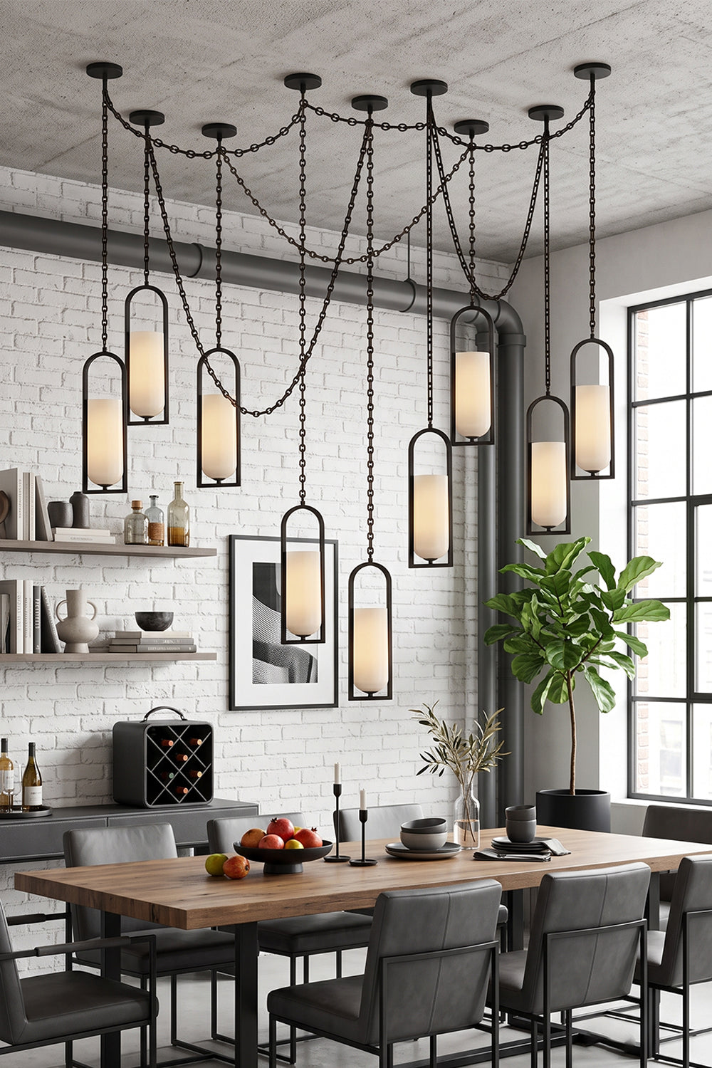 Cressida Alabaster Melange Chain Chandelier showcased in a stylish dining setting with modern decor.