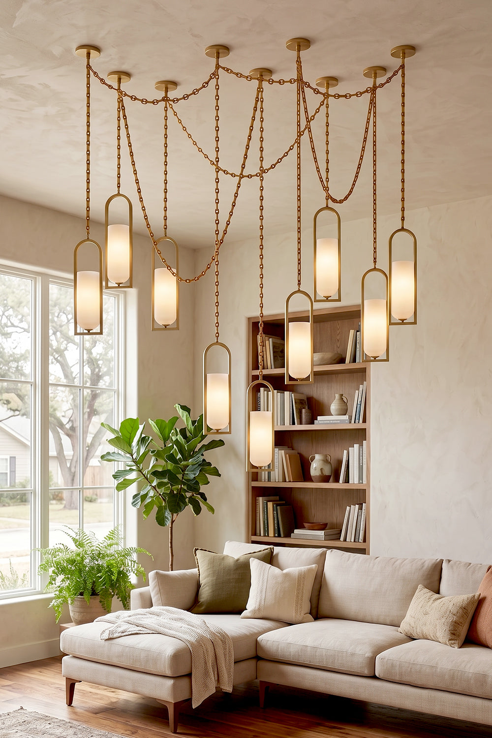 Cressida Alabaster Melange Chain Chandelier hanging from the ceiling in an upscale modern interior.