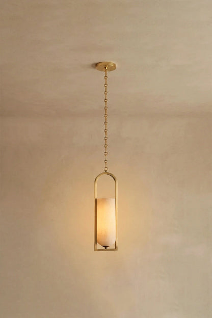 Cressida Alabaster Melange Chain Chandelier hanging from the ceiling in an upscale modern interior.