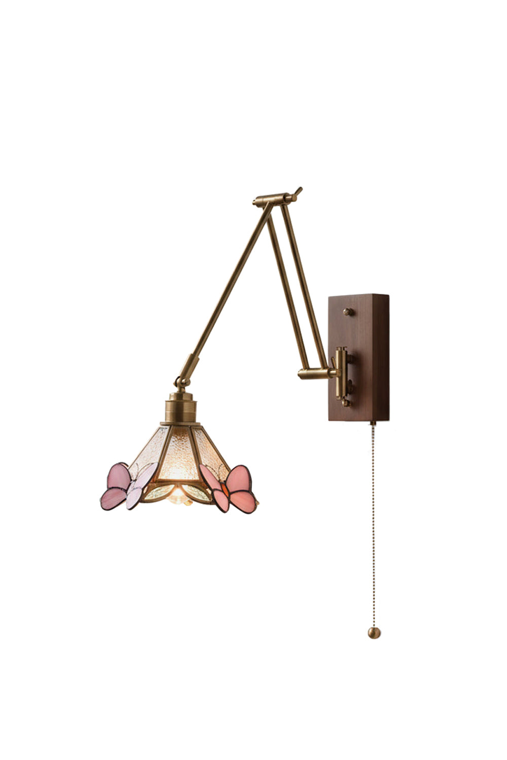 Cynthia Butterfly Articulated Wall Lamp | Stained Glass, Metal, Wood | Conical Tiffany-style stained glass wall sconce featuring pink butterflies, a multi-jointed articulated gold brass swing arm, and a rectangular wood backplate with a pull chain | Isolated lit product shot on white background | vexa lamps