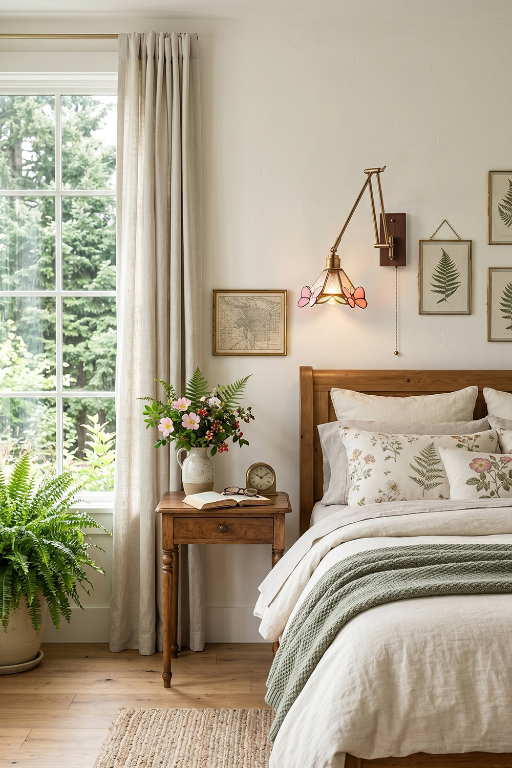 Cynthia Butterfly Articulated Wall Lamp | Stained Glass, Metal, Wood | Mounted on a white wall as a vintage bedside reading lamp above a dark wood headboard bed in a cozy bedroom | vexa lamps
