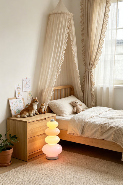 Dolce Stacked Pastel Glass Table Lamp | Glass, Metal | Providing a soft whimsical nightlight on a wooden bedside table in a cozy children's bedroom with a bed canopy | vexa lamps