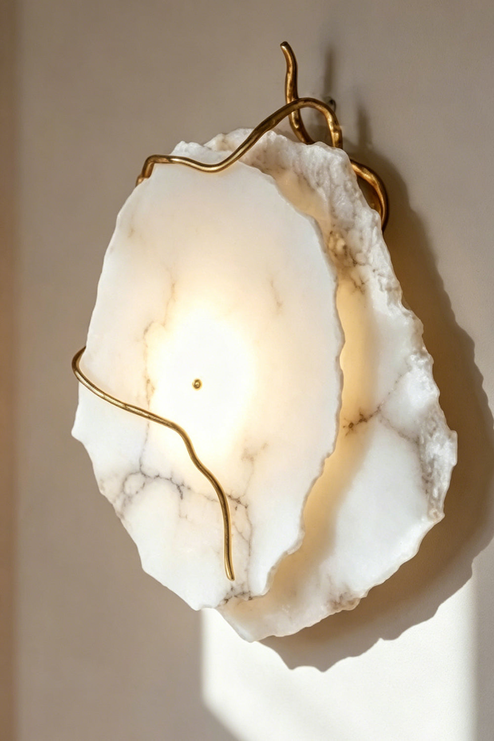 Double layer Arboreal Alabaster Wall Lamp featuring unique alabaster panels with gold accents.