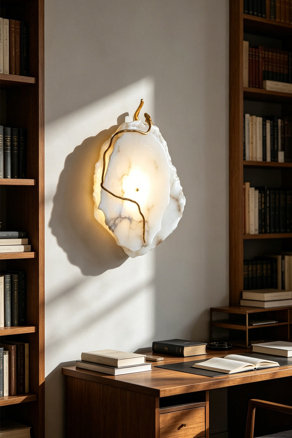 Double layer Arboreal Alabaster Wall Lamp illuminating a stylish study with wood shelves and books.