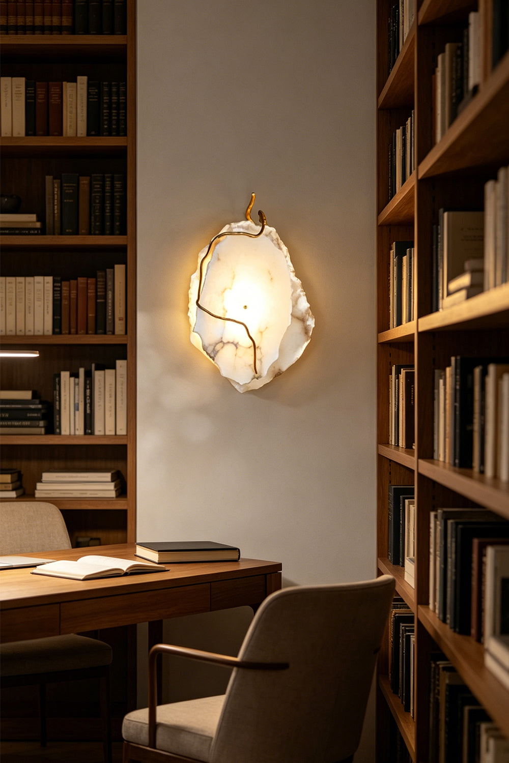 Double layer Arboreal Alabaster Wall Lamp illuminating a stylish library with shelves of books.