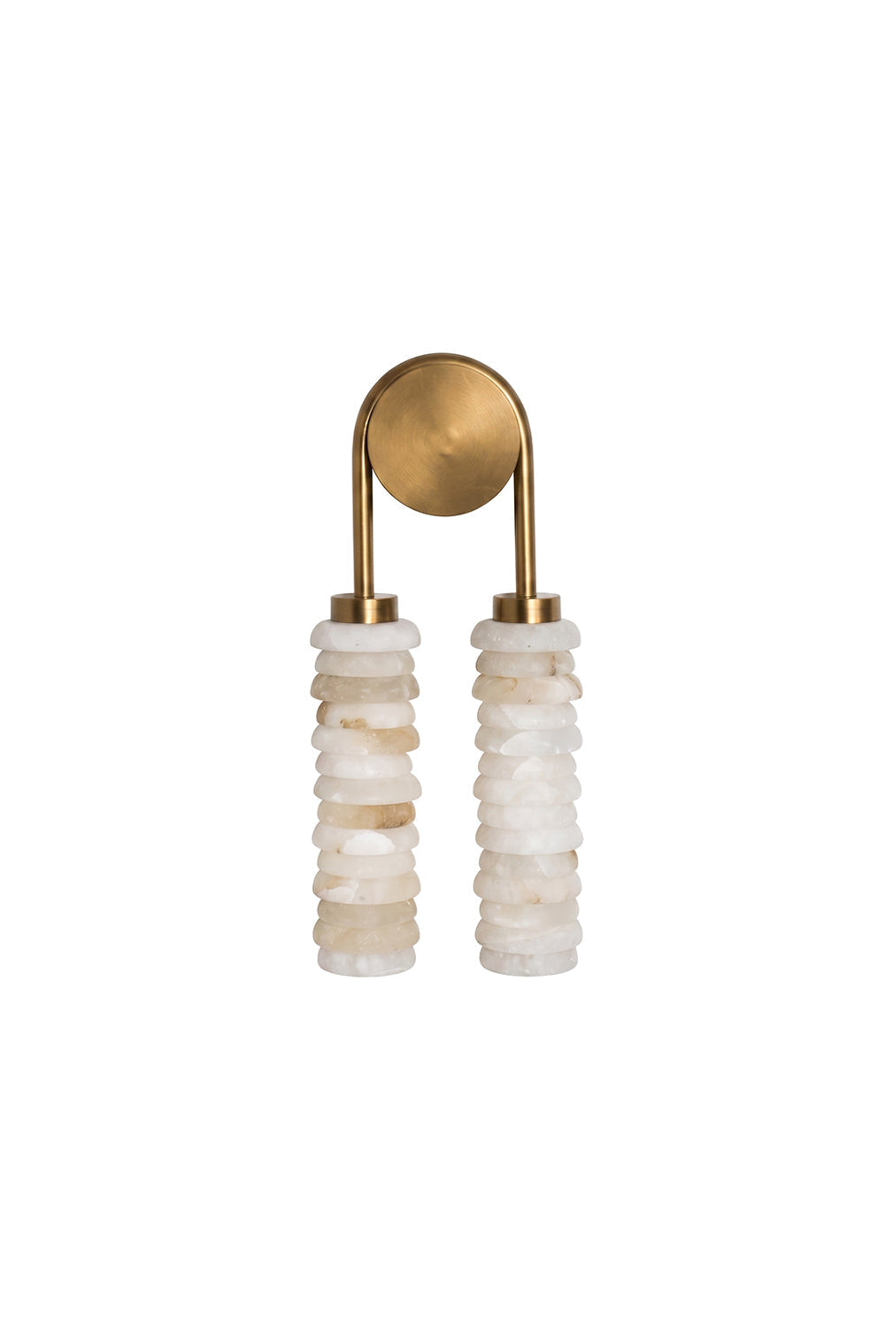 Dual Strata Alabaster Wall Lamp | Metal, Alabaster | Lit front perspective view, fully isolated on white background | vexa lamps