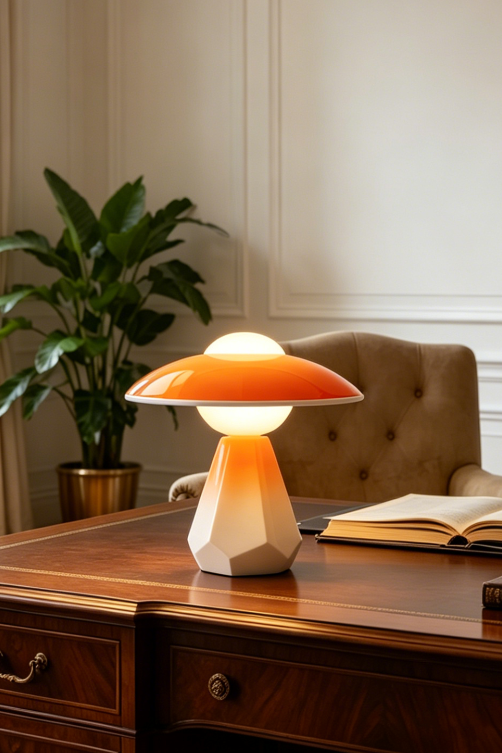 Duskora Retro Mushroom Table Lamp | Ceramic, Glass | Staged on a traditional dark wood study table, radiating a warm cozy glow next to an upholstered armchair | vexa lamps