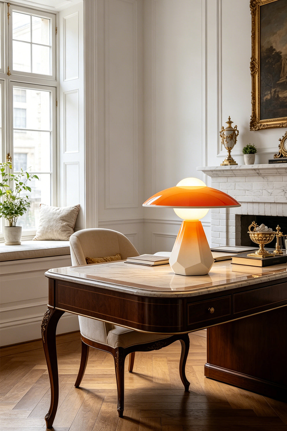 Duskora Retro Mushroom Table Lamp | Ceramic, Glass | Illuminating a classical study nook from a dark wood executive writing desk near a window and fireplace | vexa lamps