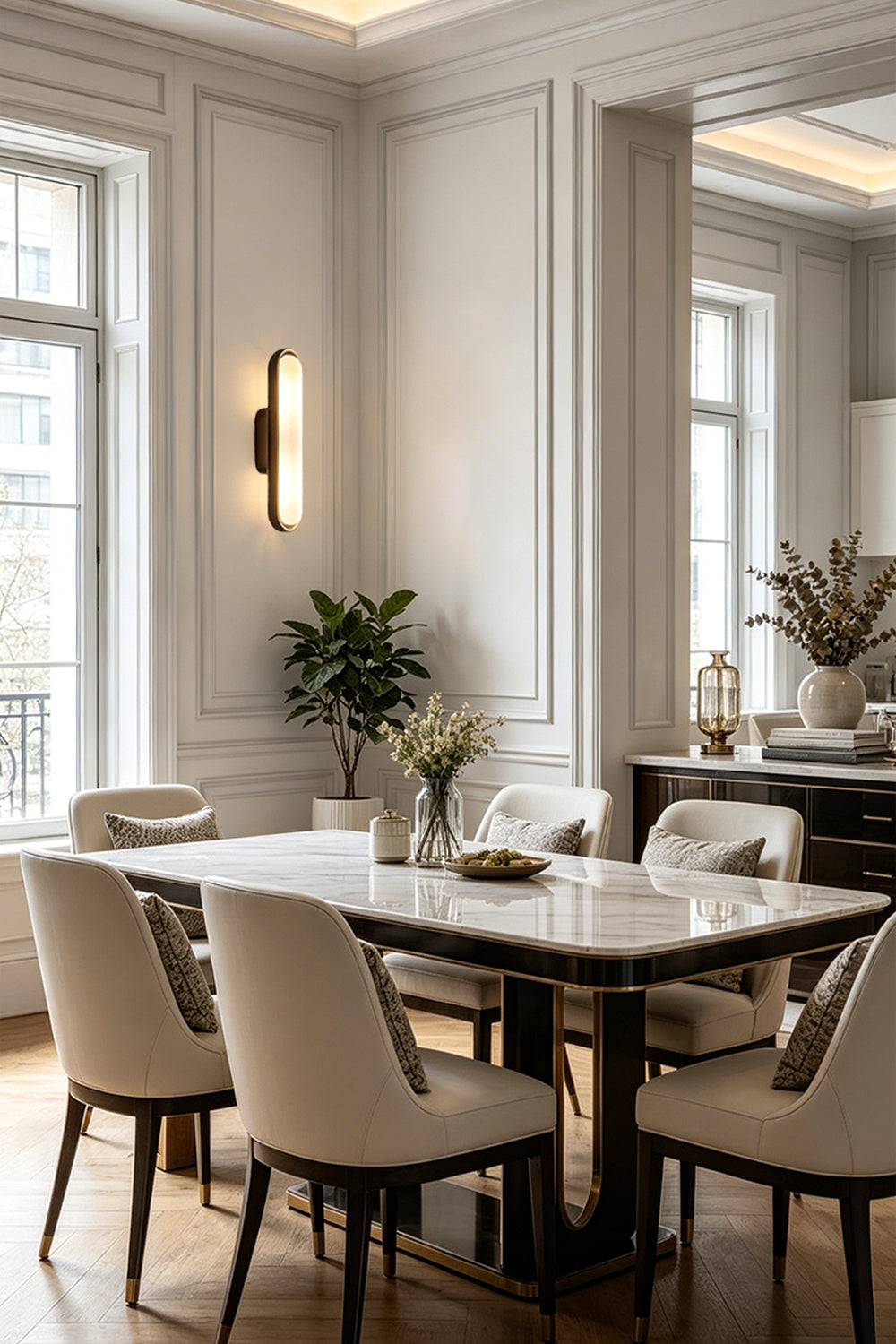Elara Capsule Alabaster Wall Sconce illuminating a modern dining room with elegant decor and stylish furniture.