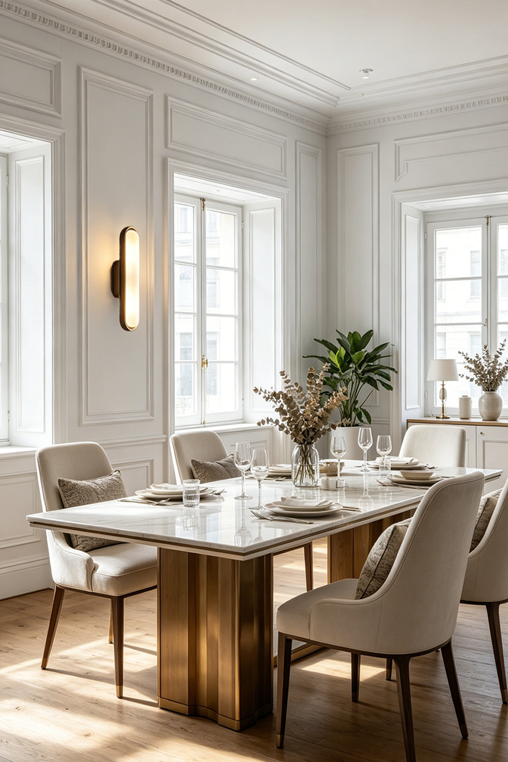 Elegant dining room with Elara Capsule Alabaster Wall Sconce illuminating a marble table.