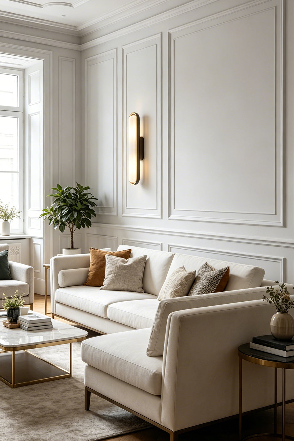 Living room featuring Elara Capsule Alabaster Wall Sconce, white sofa, and decorative plants.