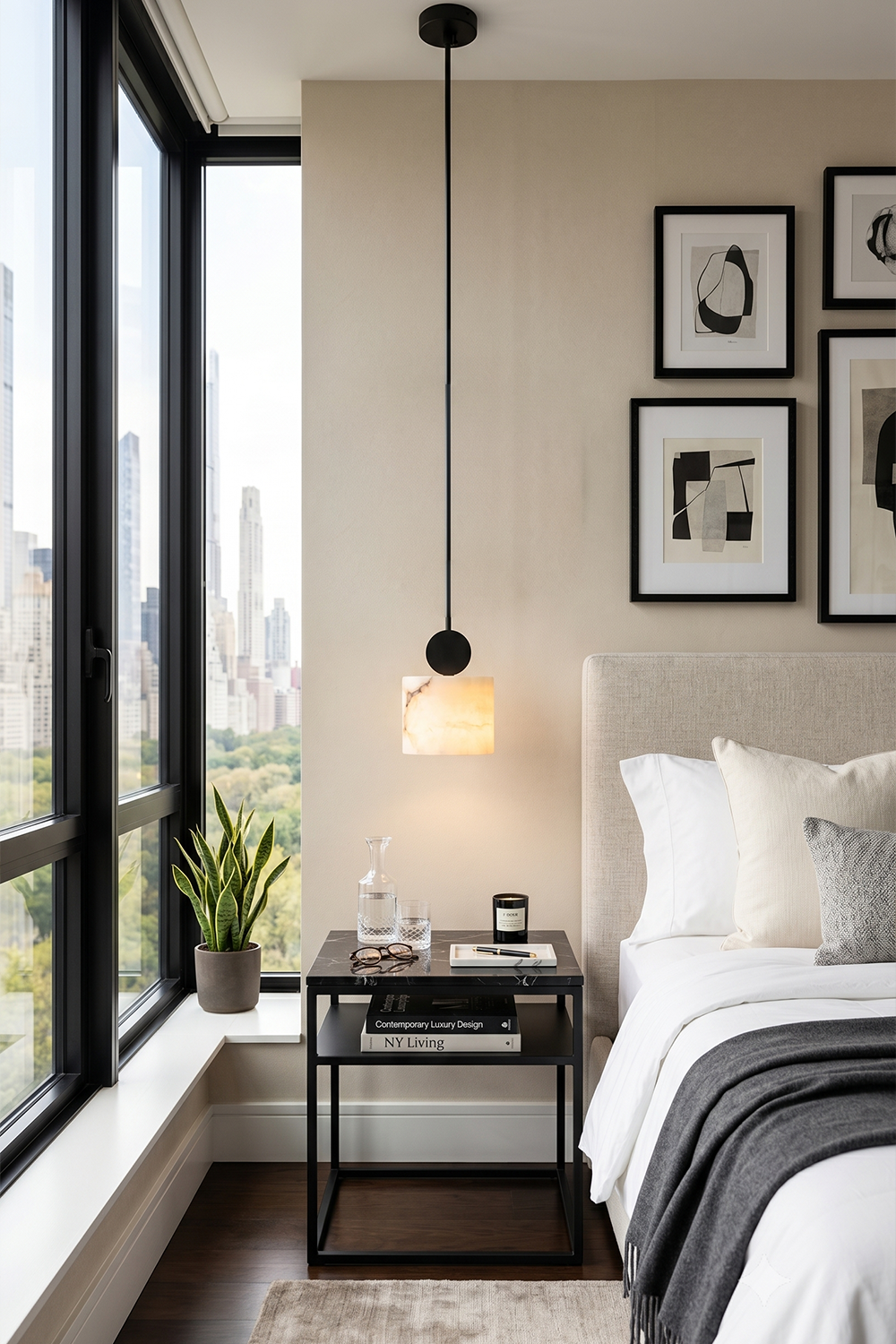 Elian Minimalist Alabaster Pendant Light illuminating a stylish bedroom with scenic city view and modern decor.