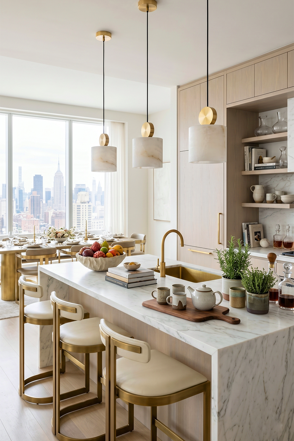 Elian Minimalist Alabaster Pendant Light hanging above a modern kitchen island with a city view.