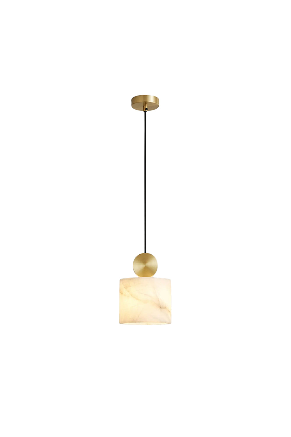 Elian Minimalist Alabaster Pendant Light featuring a hand-carved alabaster shade and gold accent disc.