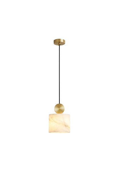 Elian Minimalist Alabaster Pendant Light featuring a hand-carved alabaster shade and gold accent disc.