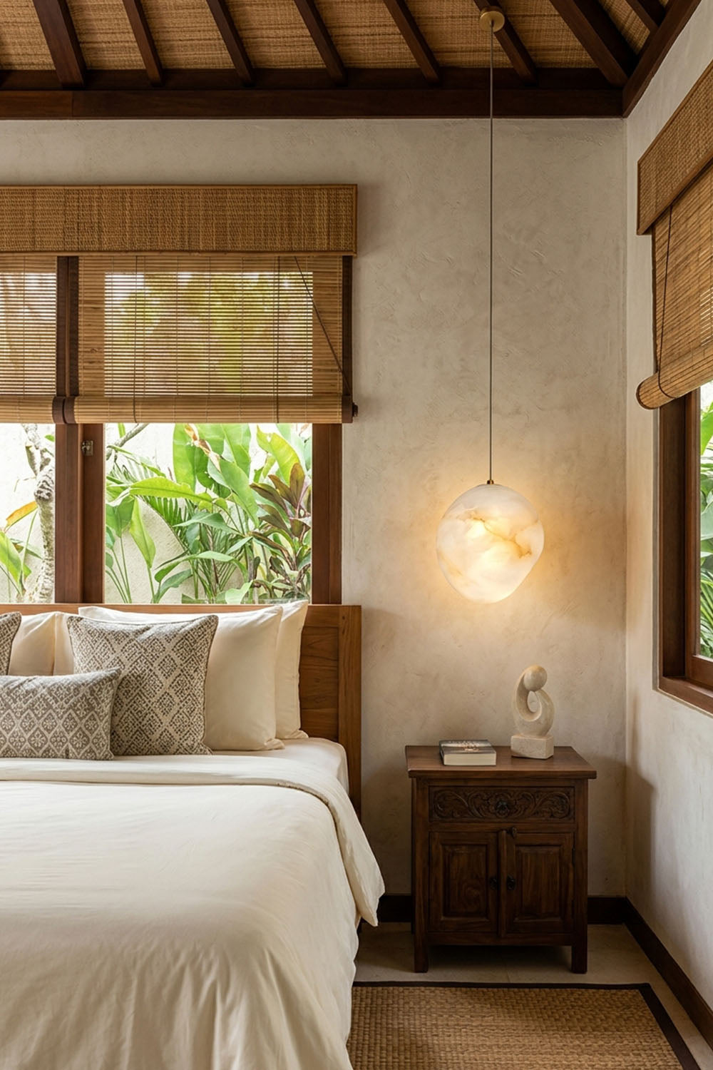 Elodie Teardrop Alabaster Pendant Light hanging elegantly in a cozy bedroom, illuminating the space with a warm glow.