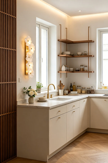Elowen Alabaster Blossom Wall Light | Kitchen Accent Light | Positioned elegantly on a wall as a stylish organic light fixture next to minimalist cream kitchen cabinetry | vexa lamps