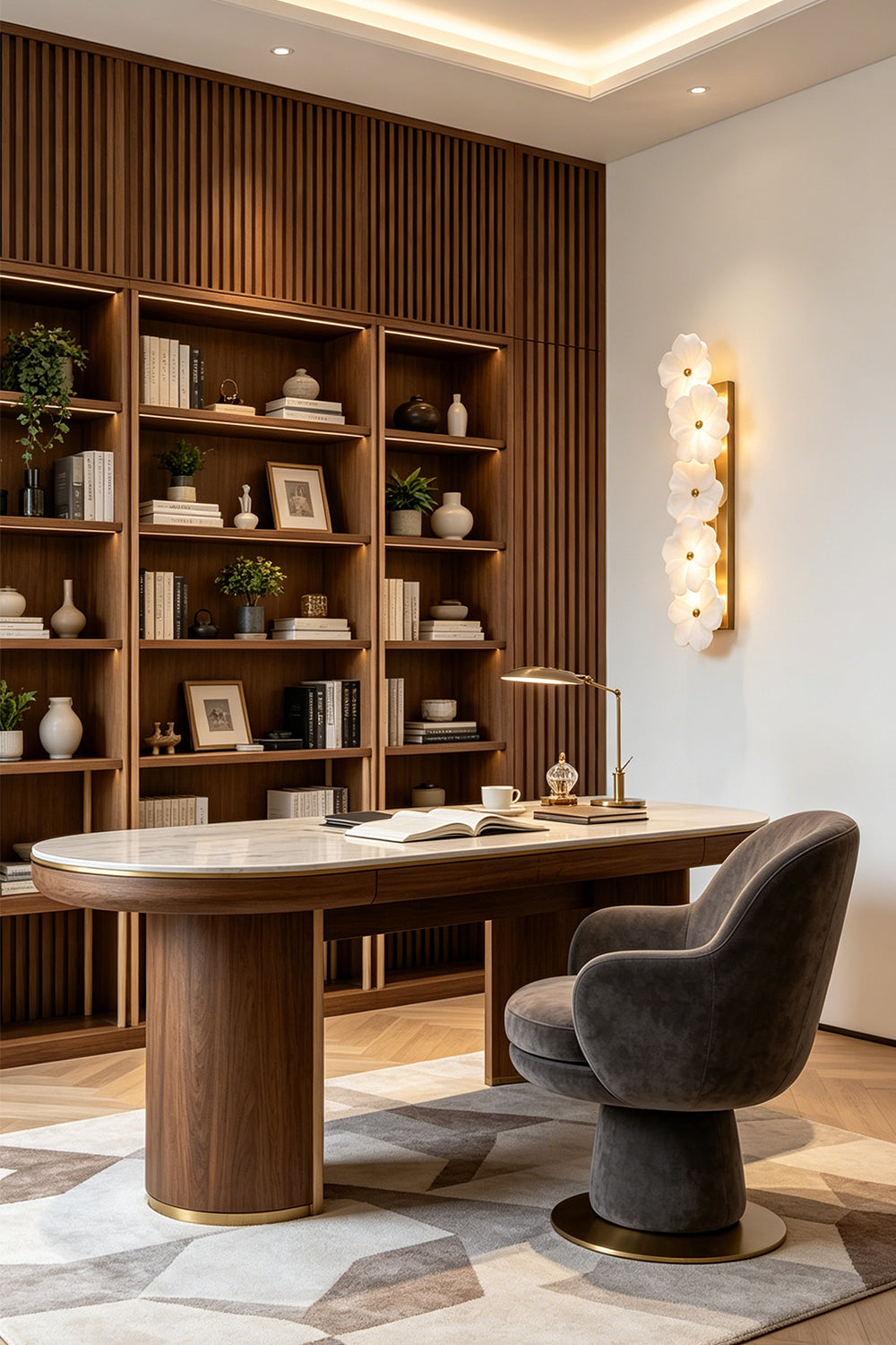 Elowen Alabaster Blossom Wall Light | Office Ambient Light | Mounted on a wall to provide soft accent illumination in a refined home study with a wooden executive desk | vexa lamps