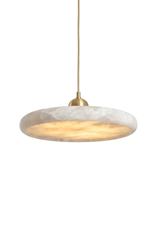 Elowen Alabaster Disc Pendant Light | Natural Alabaster and Brass | Full product view isolated on a pure white background showing the illuminated faceted stone disc | vexa lamps
