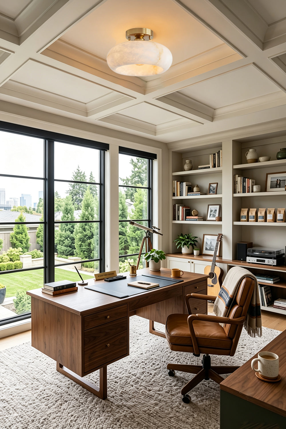 Elowen Alabaster Semi-Flush Ceiling Light in a modern home office with large windows and stylish desk.