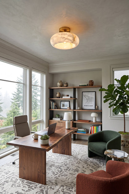 Elowen Alabaster Semi-Flush Ceiling Light illuminating a modern home office with stylish furniture and decor.
