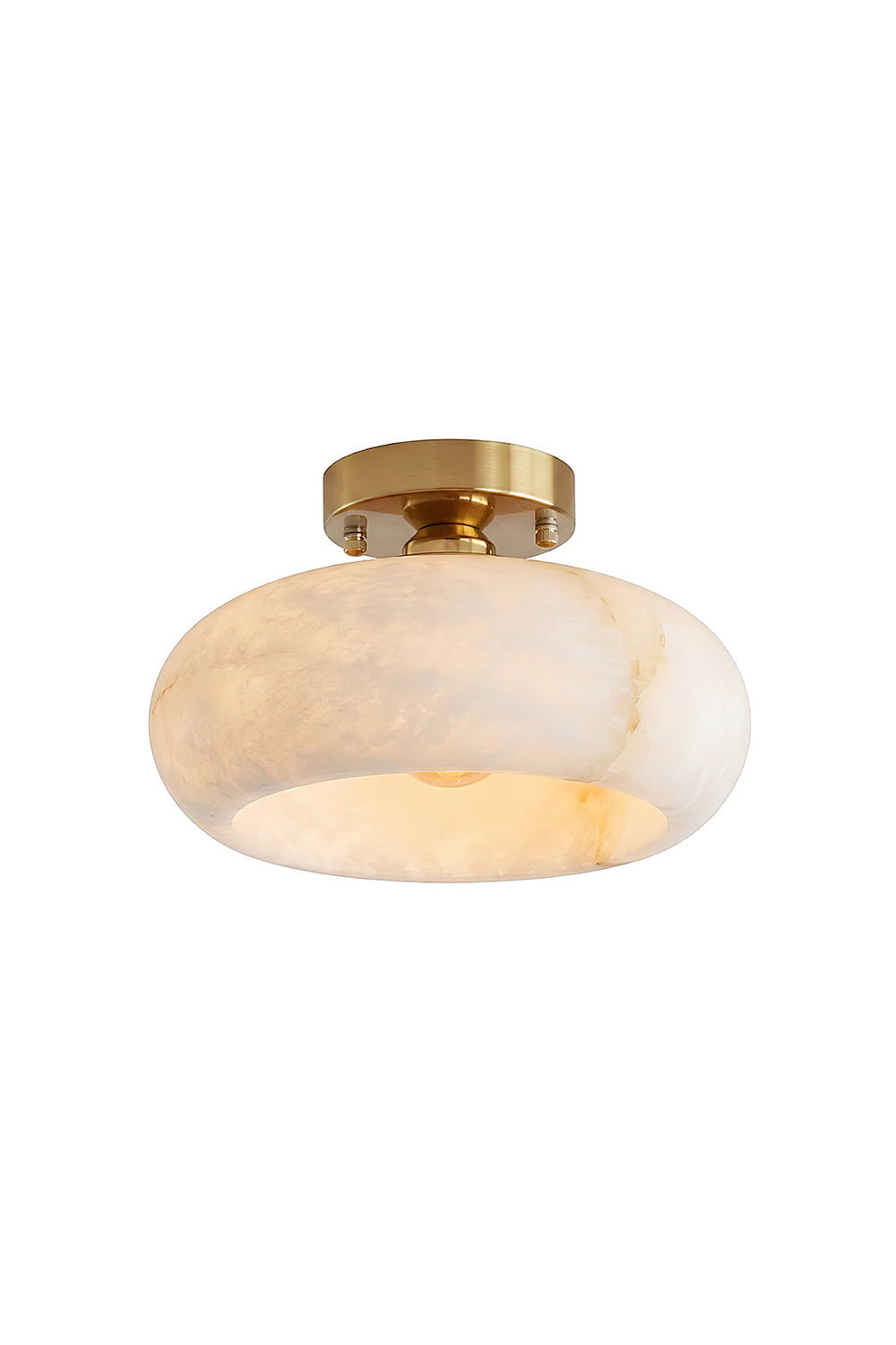 Elowen Alabaster Semi-Flush Ceiling Light features a round alabaster dome with a slim metal ceiling plate.