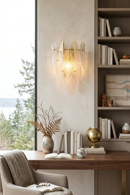 Elowen Cascading Glass Wall Lamp | Glass, Metal | Illuminating a minimalist contemporary study room, mounted above a wooden executive writing desk next to a bookcase | vexa lamps