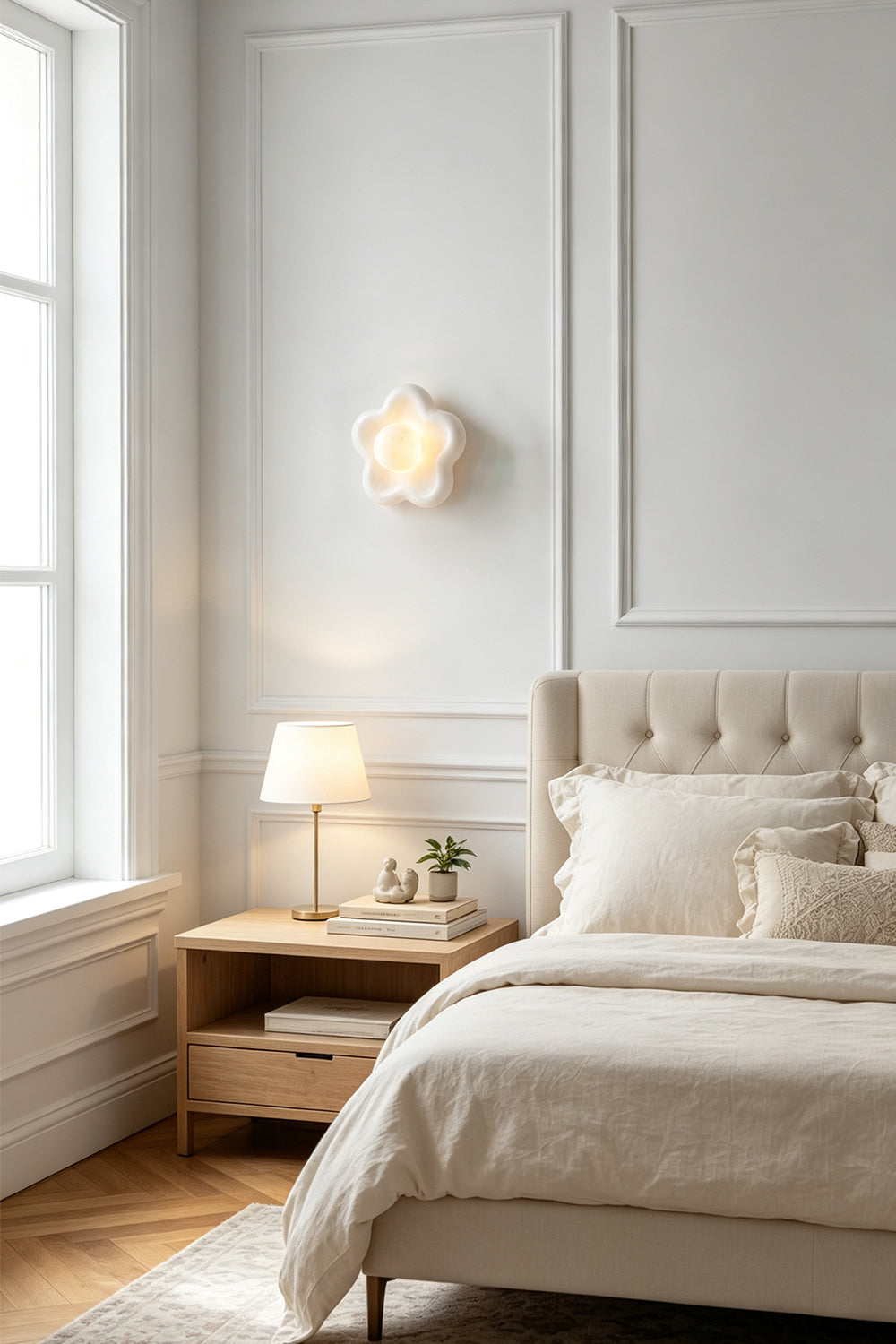 Elowen Petal Alabaster Wall Sconce | Natural Alabaster | Installed on a white wall above a wooden nightstand in a cozy bedroom next to a beige bed | vexa lamps