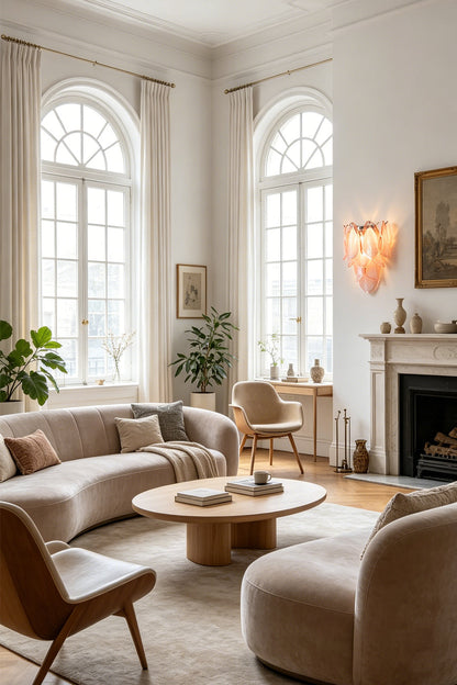 Elysian Bloom Glass Wall Lamp | Metal, Glass | Placed near large arched windows in a bright, sophisticated living room | vexa lamps