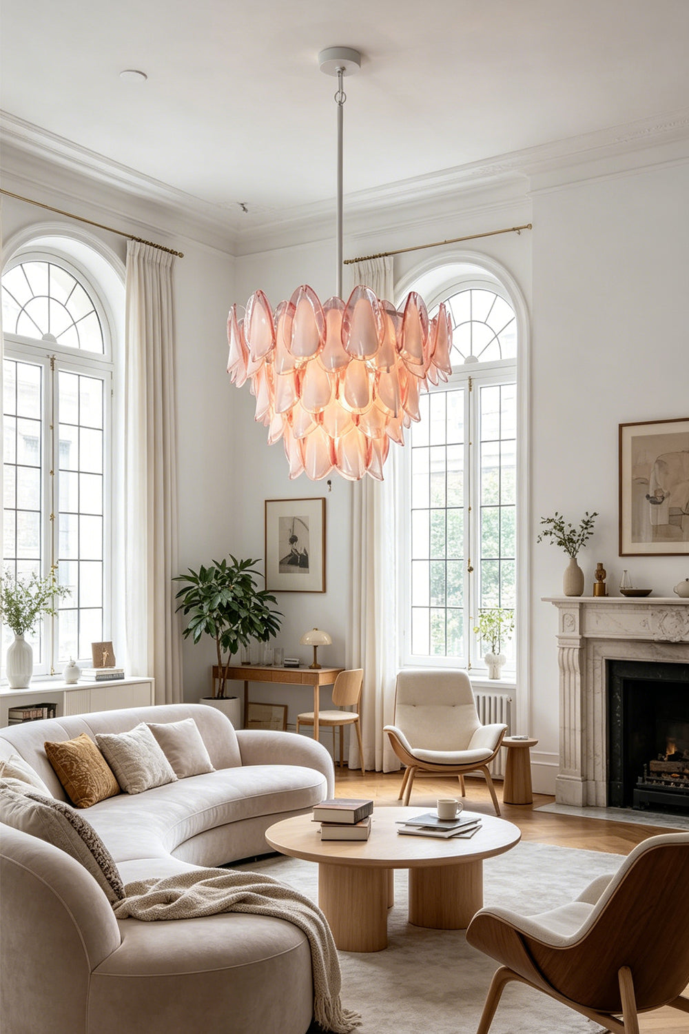 Elysian Bloom Rose Glass Chandelier | Metal, Glass | Illuminating an elegant, high-ceiling living room with a curved sofa and arched windows | vexa lamps