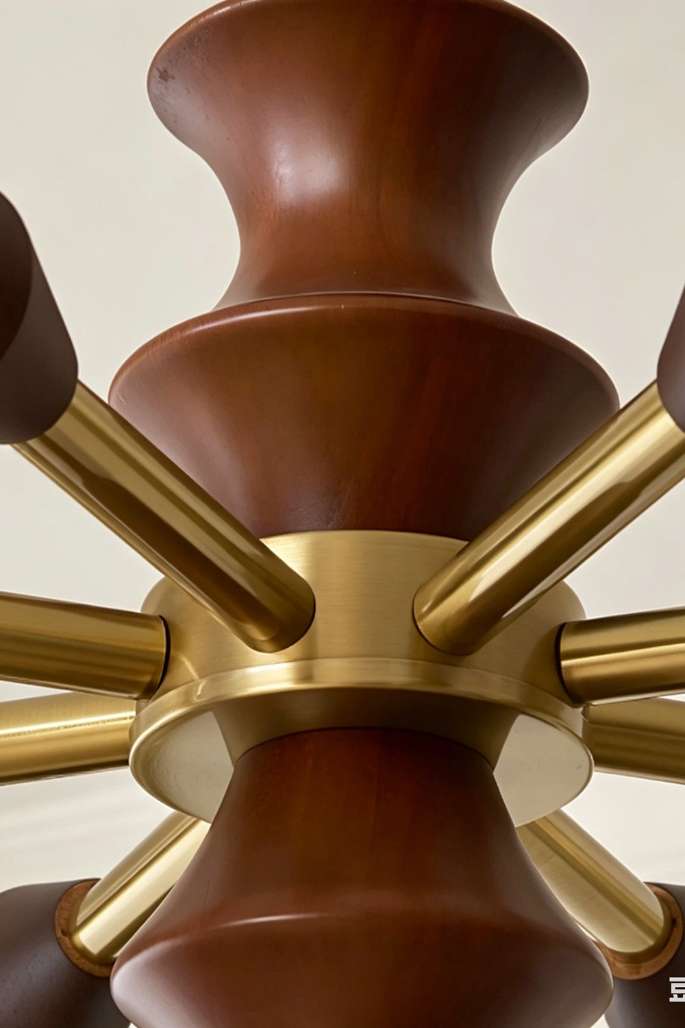 Macro shot of the central wooden hub and brass arms | Wood, Metal | Focus on the craftsmanship and materials | vexa lamps