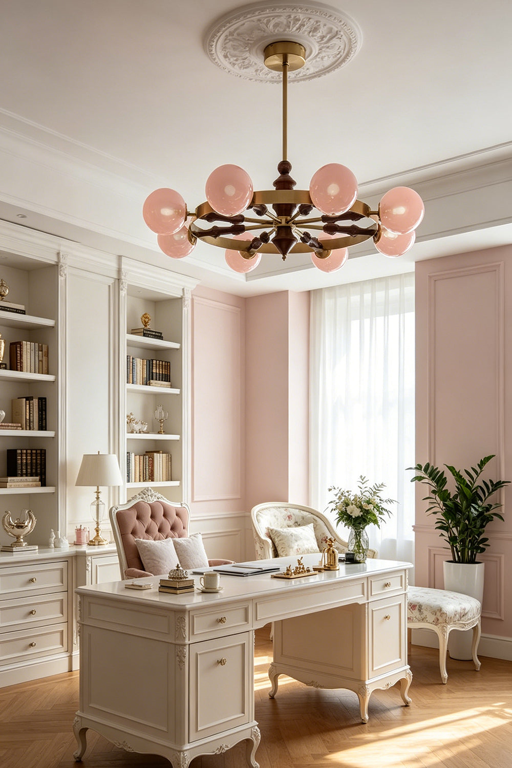 Elegant pink globe chandelier in a traditional study room | Metal, Glass, Wood | Classic interior with white cabinetry and natural light | vexa lamps